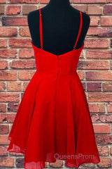 A Line V Neck Open Back Red Short Evening Prom Dress, Backless Red Homecoming Dress