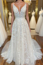 A Line V Neck Open Back White Lace Long Evening Prom Dress, V Neck White Lace Formal Dress, White Lace Evening Dress