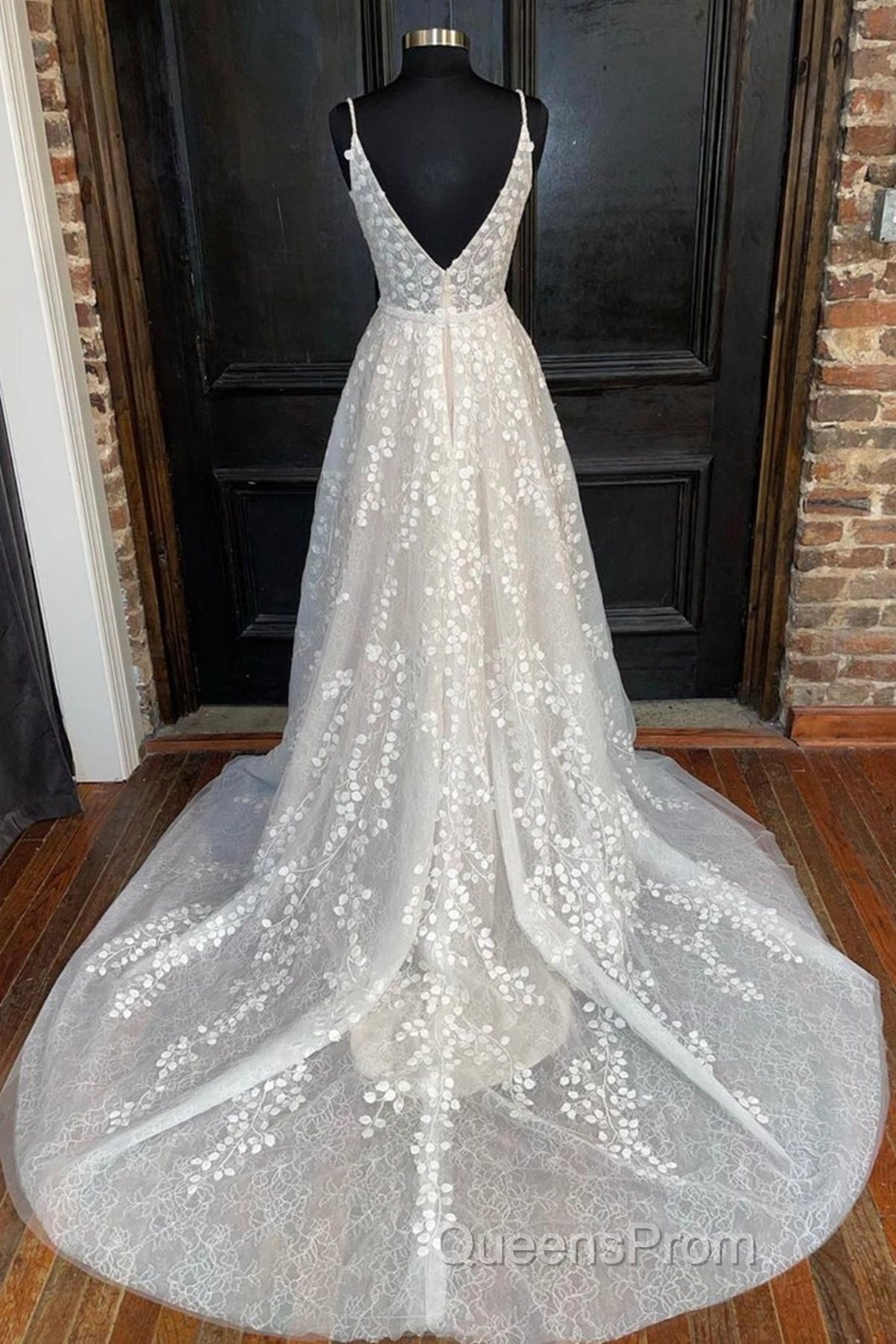 A Line V Neck Open Back White Lace Long Evening Prom Dress, V Neck White Lace Formal Dress, White Lace Evening Dress Secondary image