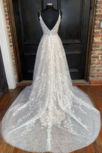 A Line V Neck Open Back White Lace Long Evening Prom Dress, V Neck White Lace Formal Dress, White Lace Evening Dress