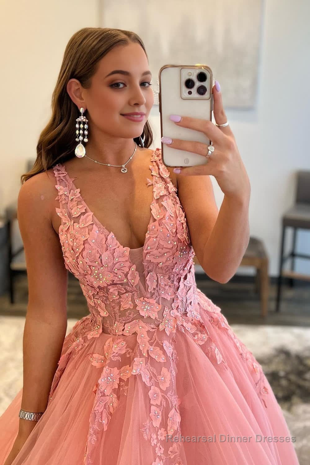 A Line V Neck Orange Prom Dress with Appliques