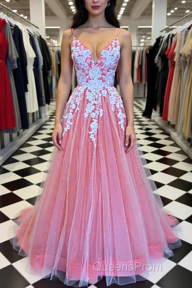 A Line V Neck Pink Long Evening Prom Dress with Lace Appliques, V Neck Pink Formal Dress, Pink Evening Dress Main image