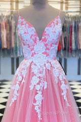 A Line V Neck Pink Long Evening Prom Dress with Lace Appliques, V Neck Pink Formal Dress, Pink Evening Dress