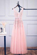 A-Line V Neck Pink Tulle Lace Applique Long Evening Prom Dress Evening Dress