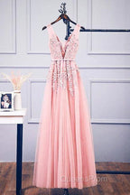 A-Line V Neck Pink Tulle Lace Applique Long Evening Prom Dress Evening Dress