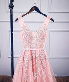 A-Line V Neck Pink Tulle Lace Applique Long Evening Prom Dress Evening Dress