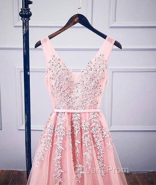 A-Line V Neck Pink Tulle Lace Applique Long Evening Prom Dress Evening Dress