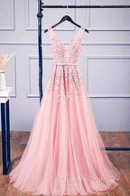 A-Line V Neck Pink Tulle Lace Applique Long Evening Prom Dress Evening Dress