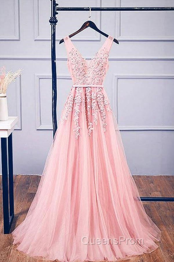 A-Line V Neck Pink Tulle Lace Applique Long Evening Prom Dress Evening Dress