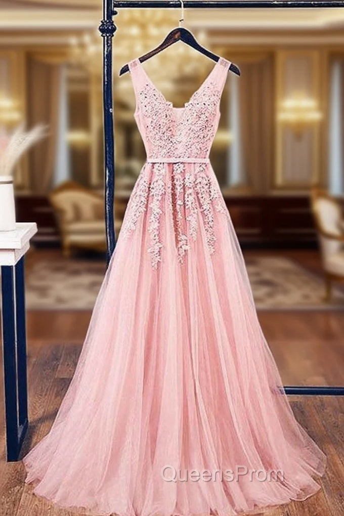 A-Line V Neck Pink Tulle Lace Applique Long Evening Prom Dress Evening Dress Main image
