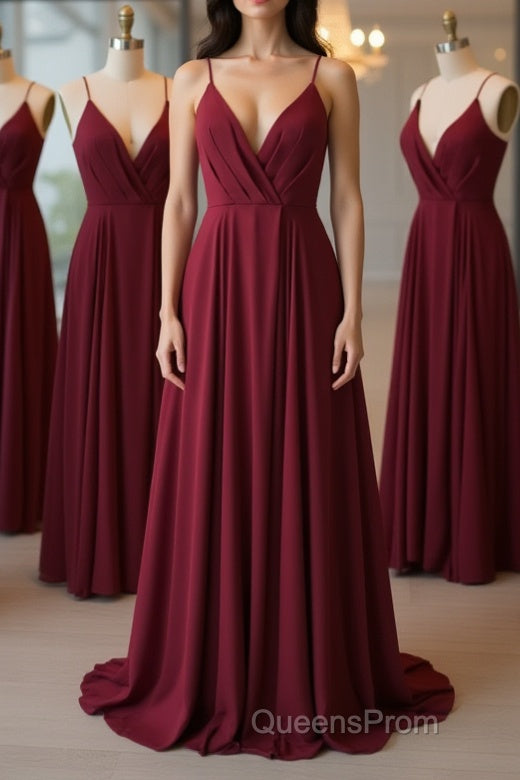 A Line V Neck Pleated Burgundy Long Evening Prom Dress, V Neck Burgundy Long Evening Dress, Burgundy Graduation Dress, Formal Dress Main image