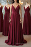 A Line V Neck Pleated Burgundy Long Evening Prom Dress, V Neck Burgundy Long Evening Dress, Burgundy Graduation Dress, Formal Dress