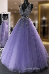 A Line V Neck Purple Beaded Long Evening Prom Dress, V Neck Backless Purple Long Formal Evening Dress