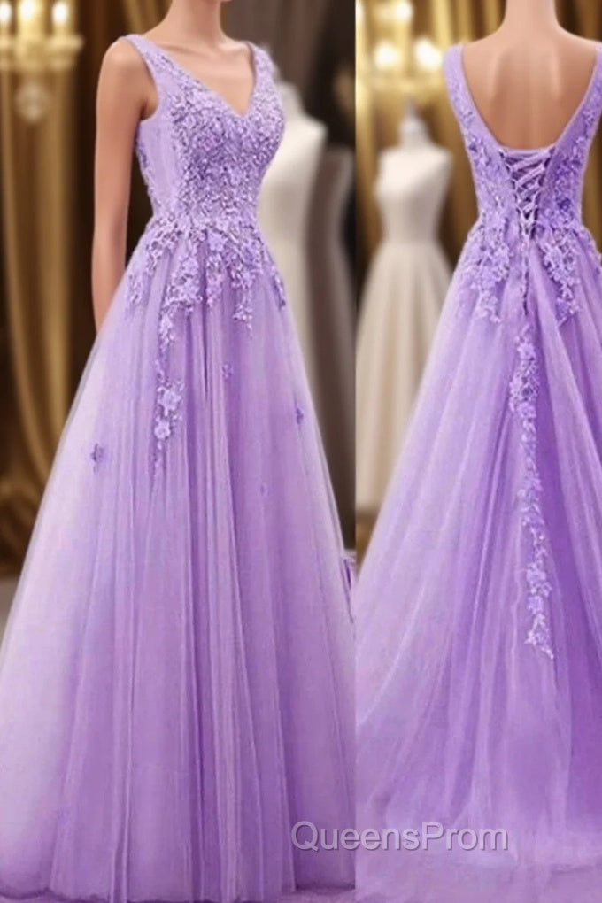 A Line V Neck Purple Lace Evening Prom Dress, Purple Lace Long Formal Bridesmaid Dress Main image