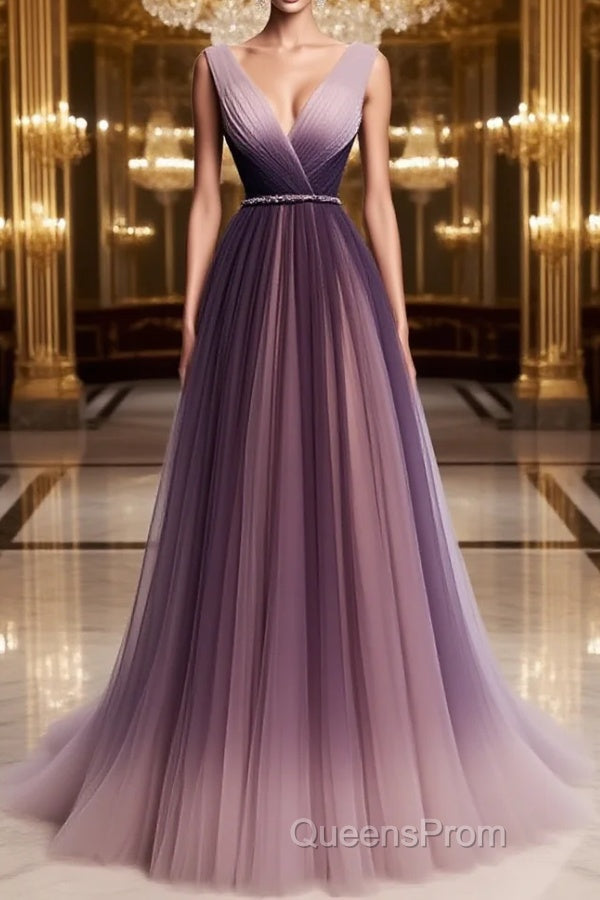 A Line V Neck Purple Ombre Evening Prom Dress, V Neck Purple Ombre Formal Evening Bridesmaid Dress Main image