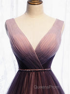 A Line V Neck Purple Ombre Evening Prom Dress, V Neck Purple Ombre Formal Evening Bridesmaid Dress