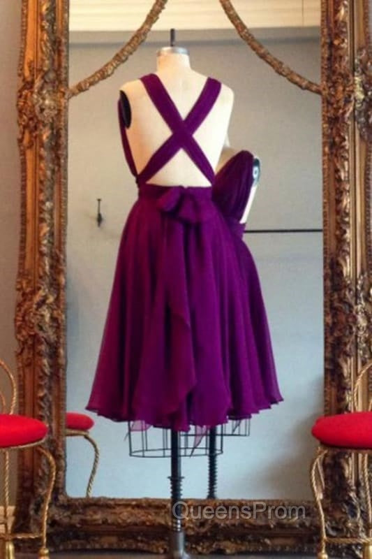 A Line V Neck Purple Sleeveless Chiffon Bridesmaid Dress Knee Length Homecoming Dress