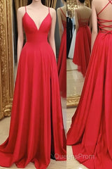 A Line V Neck Red Backless Long Evening Prom Dress, Red A Line V Neck Open Back Formal Evening Dress