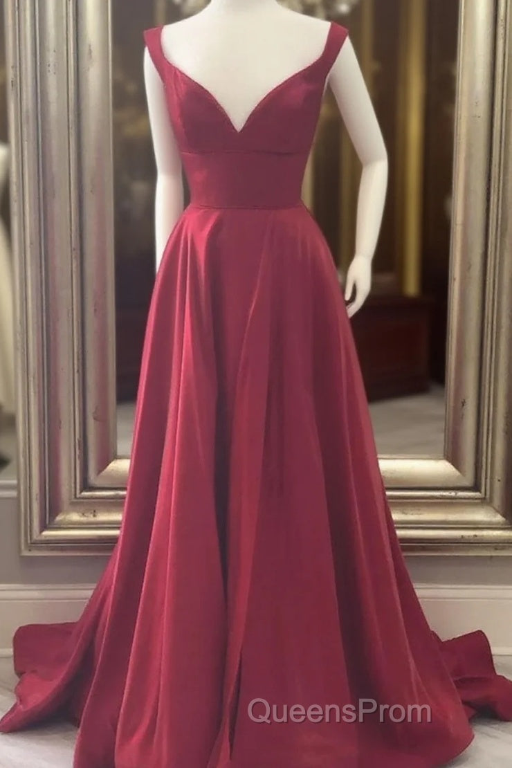 A Line V Neck Red Burgundy Long Evening Prom Dress, Off The Shoulder Red Burgundy Formal Evening Dress Main image