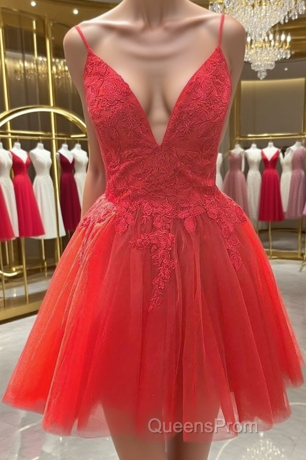 A Line V Neck Red Lace Short Evening Prom Dress, Red Lace Homecoming Dress Main image