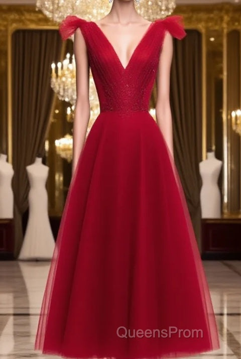A Line V Neck Red Tea Length Evening Prom Dress with Corset Back, Red Tea Length Formal Graduation Dress Main image