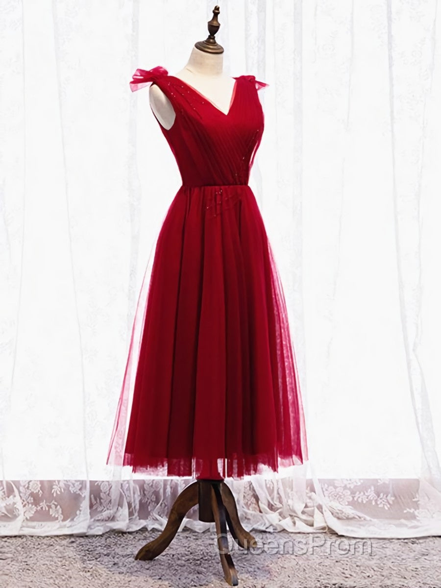 A Line V Neck Red Tea Length Evening Prom Dress with Corset Back, Red Tea Length Formal Graduation Dress Secondary image