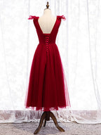 A Line V Neck Red Tea Length Evening Prom Dress with Corset Back, Red Tea Length Formal Graduation Dress