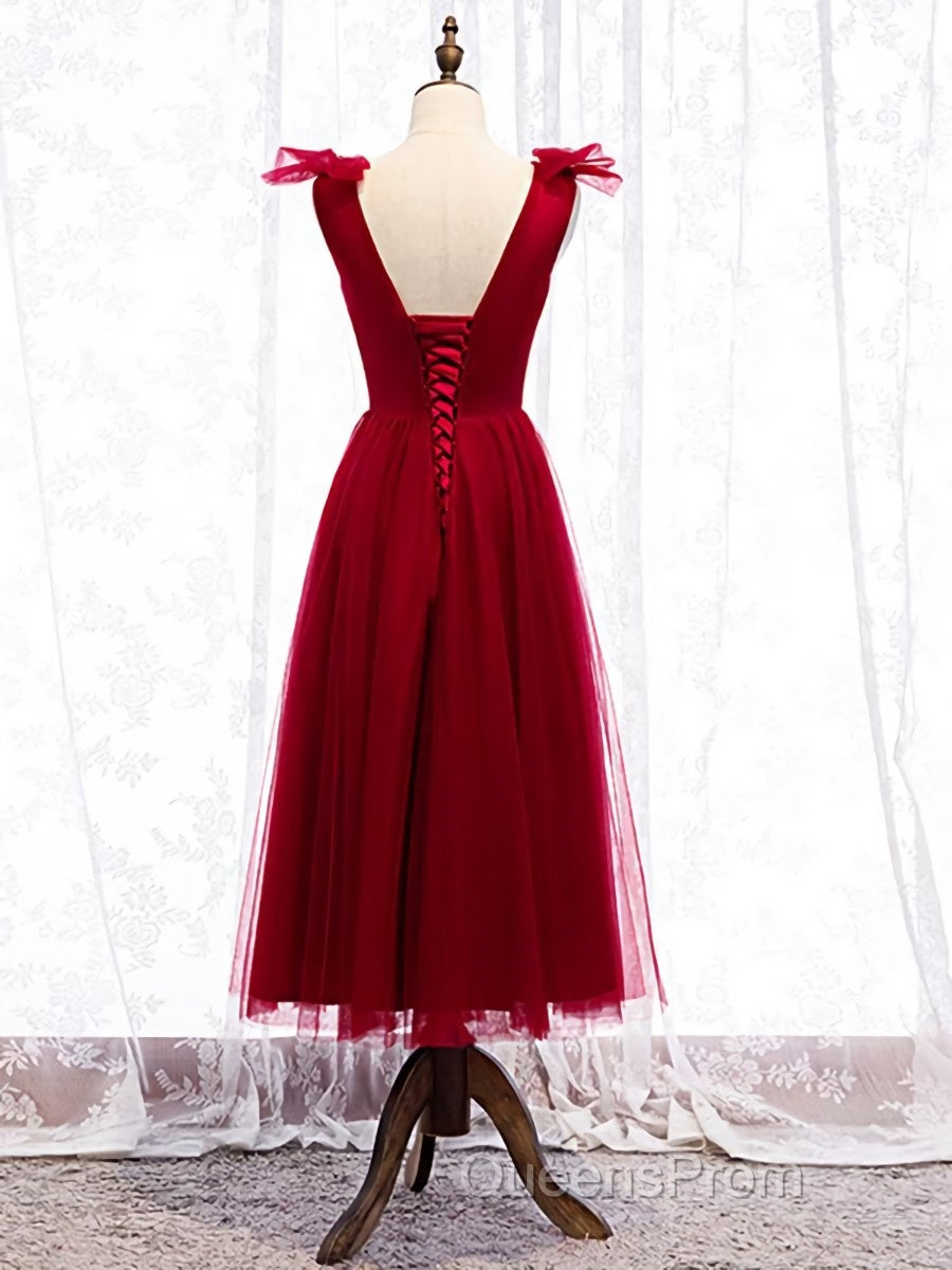 A Line V Neck Red Tea Length Evening Prom Dress with Corset Back, Red Tea Length Formal Graduation Dress