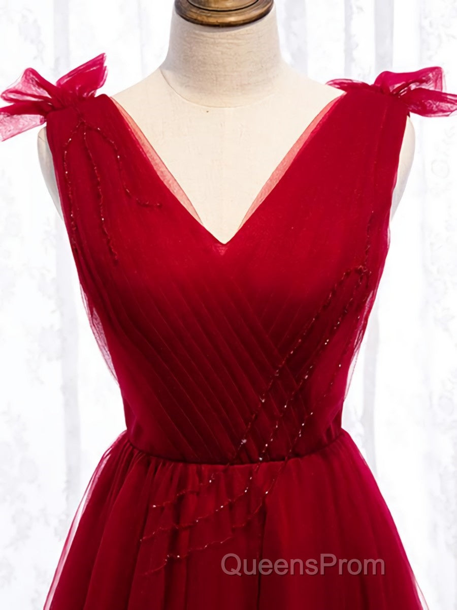 A Line V Neck Red Tea Length Evening Prom Dress with Corset Back, Red Tea Length Formal Graduation Dress