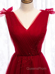 A Line V Neck Red Tea Length Evening Prom Dress with Corset Back, Red Tea Length Formal Graduation Dress