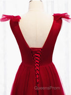 A Line V Neck Red Tea Length Evening Prom Dress with Corset Back, Red Tea Length Formal Graduation Dress