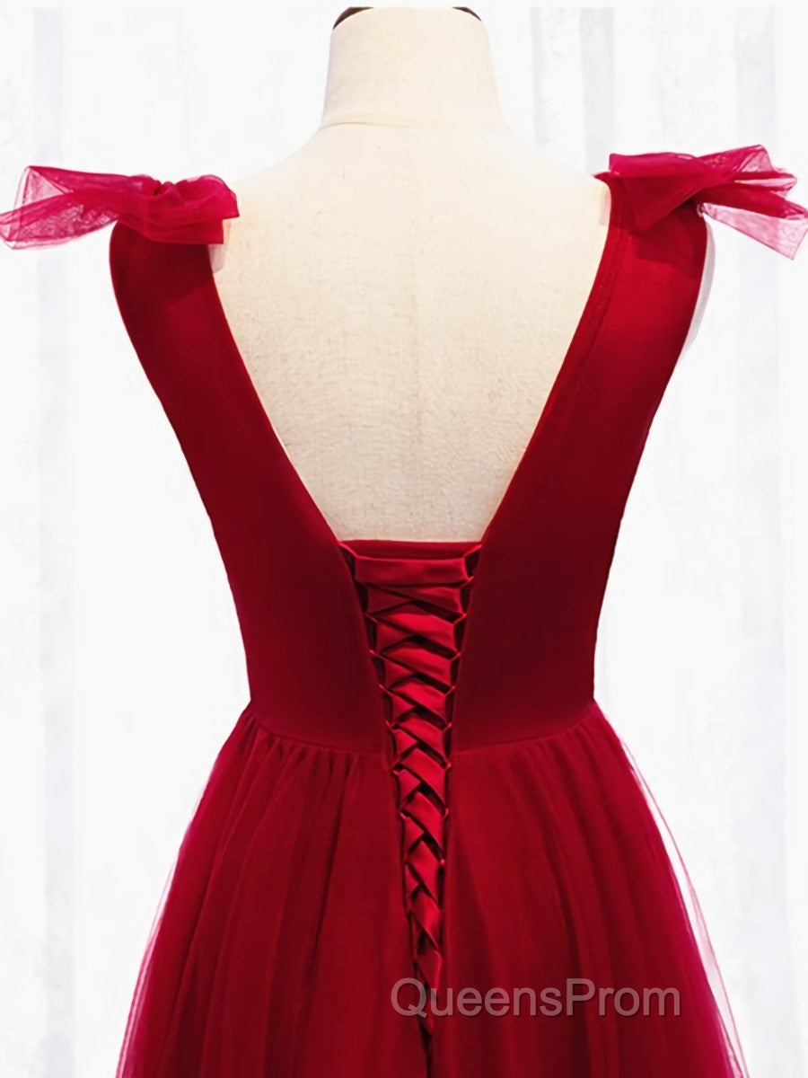A Line V Neck Red Tea Length Evening Prom Dress with Corset Back, Red Tea Length Formal Graduation Dress