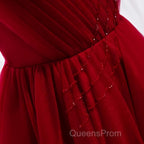 A Line V Neck Red Tea Length Evening Prom Dress with Corset Back, Red Tea Length Formal Graduation Dress