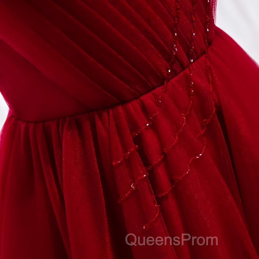 A Line V Neck Red Tea Length Evening Prom Dress with Corset Back, Red Tea Length Formal Graduation Dress