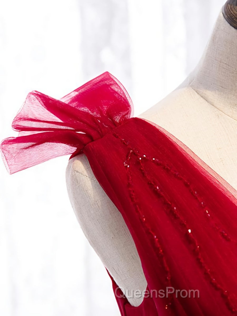 A Line V Neck Red Tea Length Evening Prom Dress with Corset Back, Red Tea Length Formal Graduation Dress