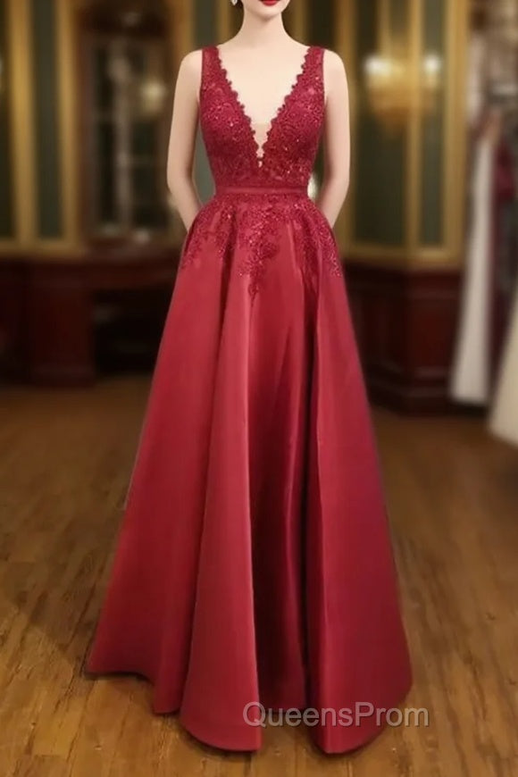 A-line V Neck Regular Straps Long/Floor-Length Satin Evening Prom Dress With Appliqued Beading