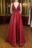 A-line V Neck Regular Straps Long/Floor-Length Satin Evening Prom Dress With Appliqued Beading