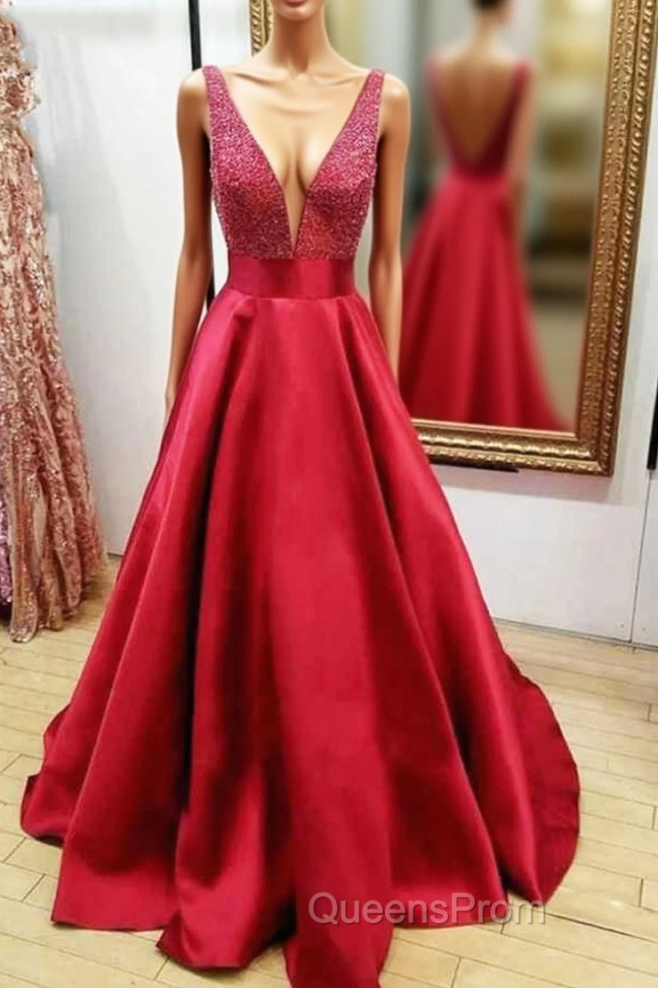 A-line V Neck Regular Straps Long/Floor-Length Satin Evening Prom Dress With Beading