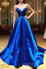 A Line V Neck Royal Blue Backless Evening Prom Dress, Open Back Royal Blue Formal Evening Graduation Dress