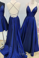 A Line V Neck Royal Blue Backless Evening Prom Dress, Royal Blue Backless Formal Evening Bridesmaid Dress