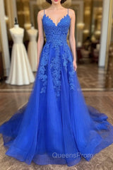 A Line V Neck Royal Blue Lace Evening Prom Dress, Royal Blue Lace Evening Dress
