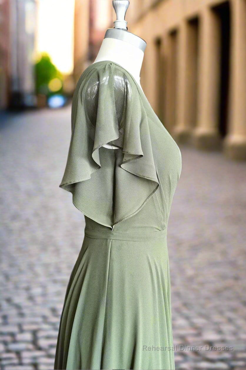 A-line V-neck Ruffle Sleeves Pleats Chiffon Bridesmaid Dress with Ruffles