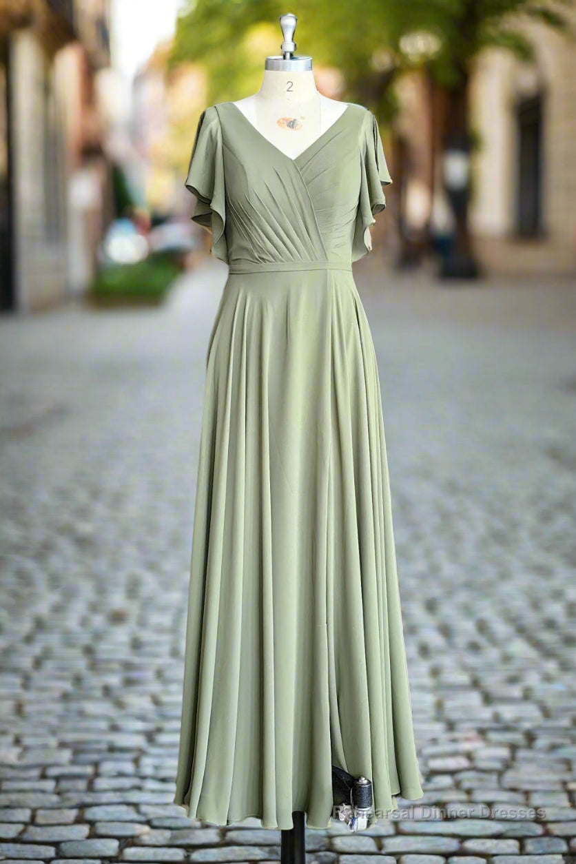 A-line V-neck Ruffle Sleeves Pleats Chiffon Bridesmaid Dress with Ruffles Main image