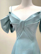A-Line V Neck Satin Blue Long Evening Prom Dress, Blue Evening Dress