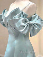 A-Line V Neck Satin Blue Long Evening Prom Dress, Blue Evening Dress