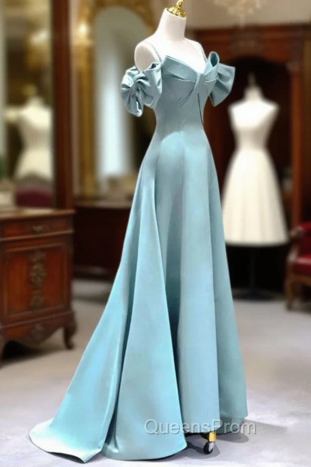 A-Line V Neck Satin Blue Long Evening Prom Dress, Blue Evening Dress