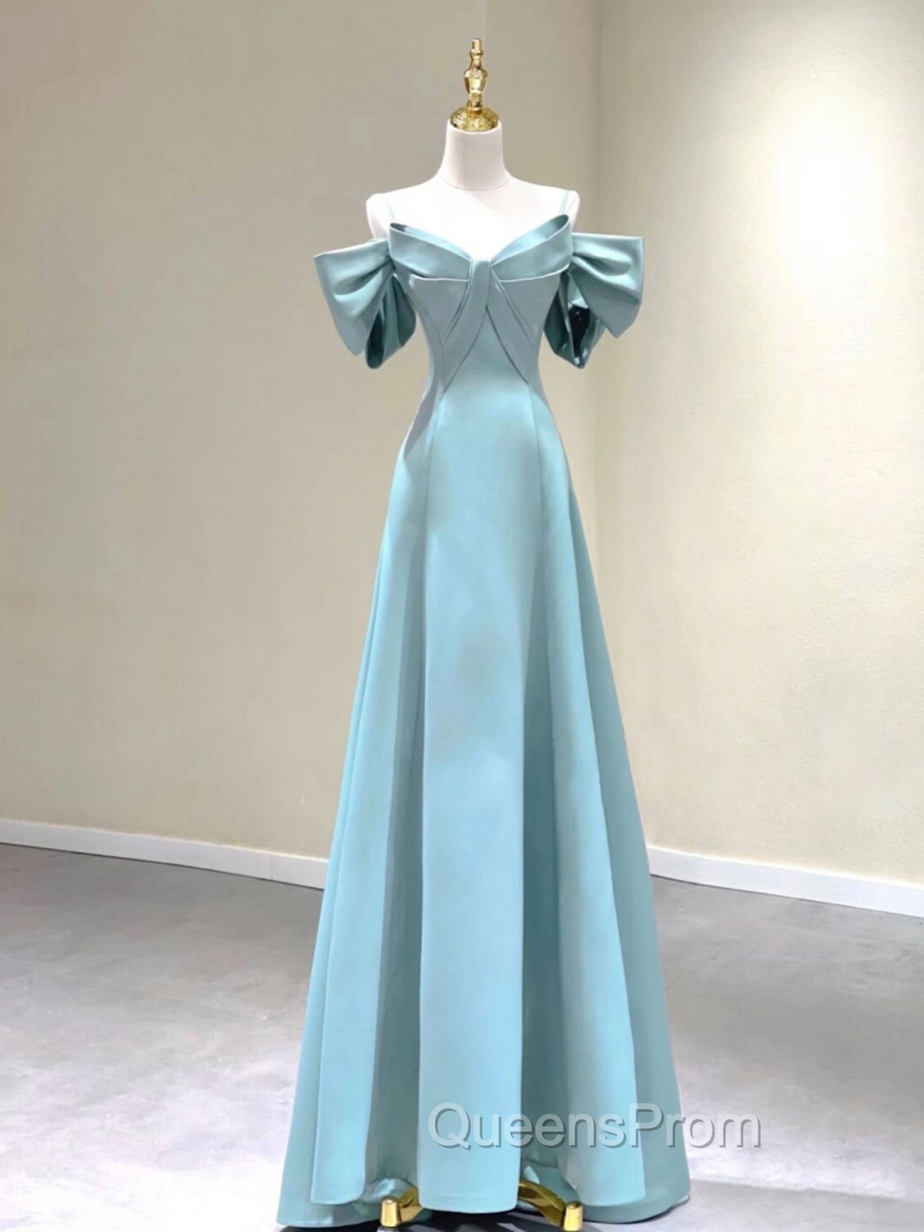 A-Line V Neck Satin Blue Long Evening Prom Dress, Blue Evening Dress