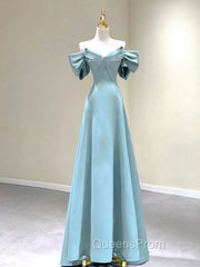 A-Line V Neck Satin Blue Long Evening Prom Dress, Blue Evening Dress