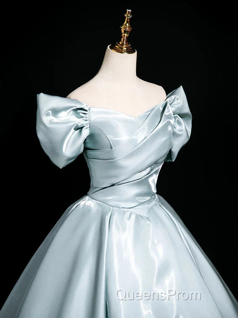 A-Line V Neck Satin Blue Long Evening Prom Dress, Blue Long Formal Dress