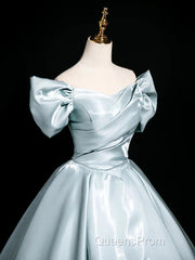 A-Line V Neck Satin Blue Long Evening Prom Dress, Blue Long Formal Dress